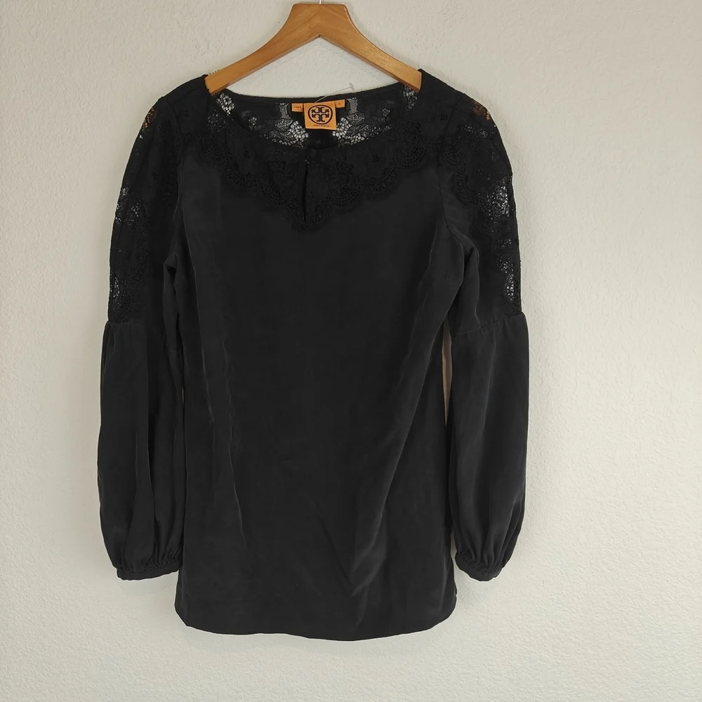 Tory Burch Black Silk Lantern Sleeve Blouse | Lace Neckline Romantic Boho Top 6